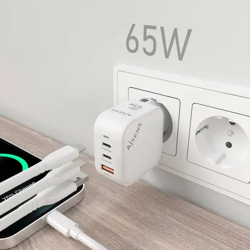 Cargador GaN 65W, 2xUSB-C PD3.0 QC4.0, 1xUSB-A QC3.0, Blanco - Imagen 5