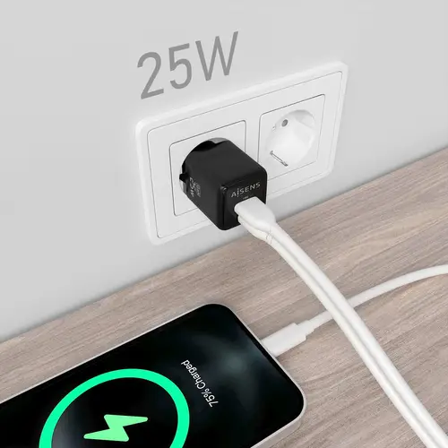 Cargador GaN 25W, 1xUSB-C PD3.0 QC4.0, 1xUSB-A QC3.0, Negro - Imagen 5