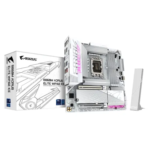 B860M AORUS ELITE WF6E ICE Placa base - CPUs Intel Core Ultra, VRM de 12+1+2+1 fases, hasta 9200MHz DDR5, 1xPCIe 5.0 + 2xPCIe 4.0 M.2, LAN 2,5 GbE, WIFI 6E, USB 4 - Imagen 1