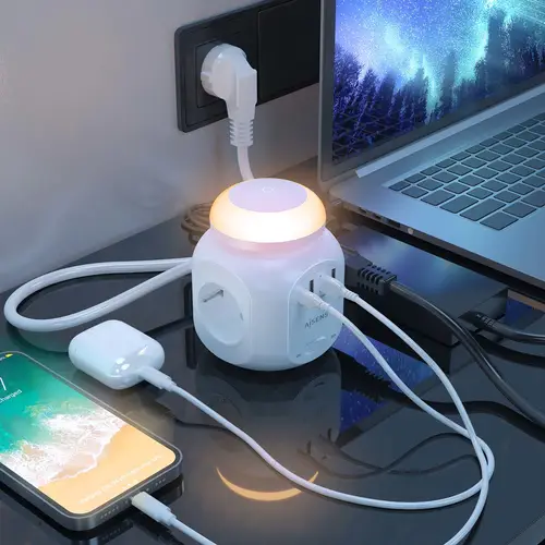 Regleta de Enchufes Sobremesa Multifuncion con 4 Tomas + 1XUSB-C, 3XUSB-A, Luz Nocturna, 1.8M, Blanco - Imagen 5