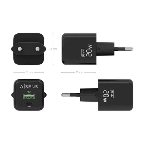Cargador GaN 20W, 1xUSB-C PD3.0 QC4.0, 1xUSB-A QC3.0, Negro - Imagen 4