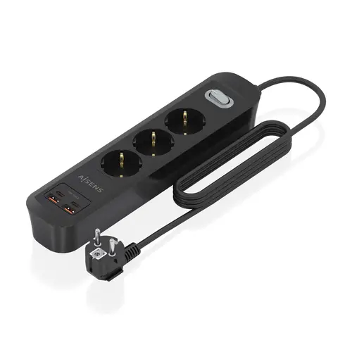 Regleta de Enchufes Multifuncion con 3 Tomas + Cargador PD3.0 20W 2xUSB-C, 2xUSB-A, 1.4m, Negro - Imagen 1