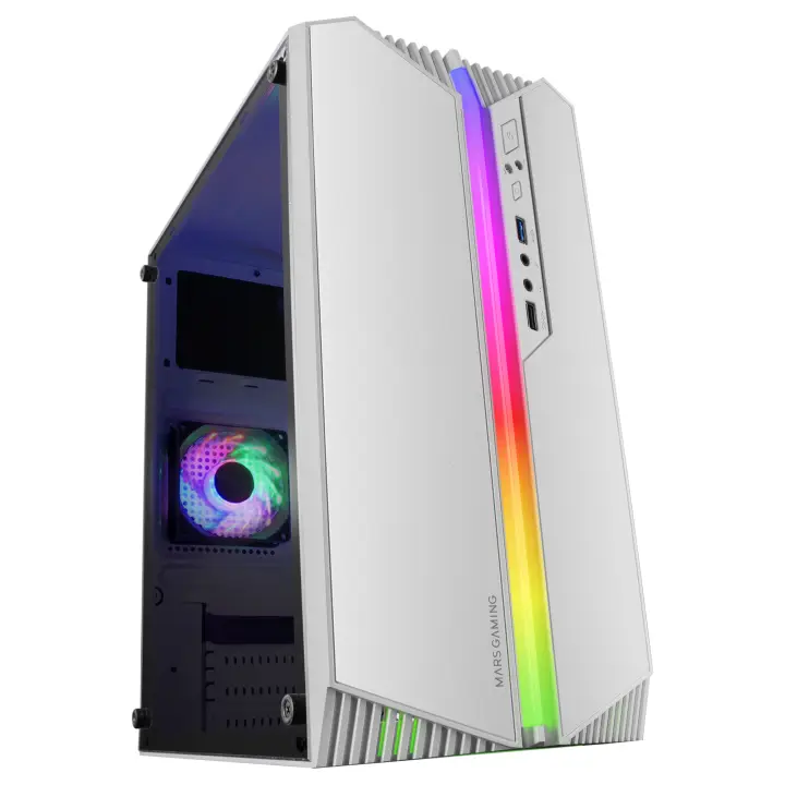 MC-S1, Caja PC Compacta Gaming Micro-ATX, Iluminación ARGB 12 Modos, Ventilador FRGB, Ventana Lateral Completa RGB, Blanco