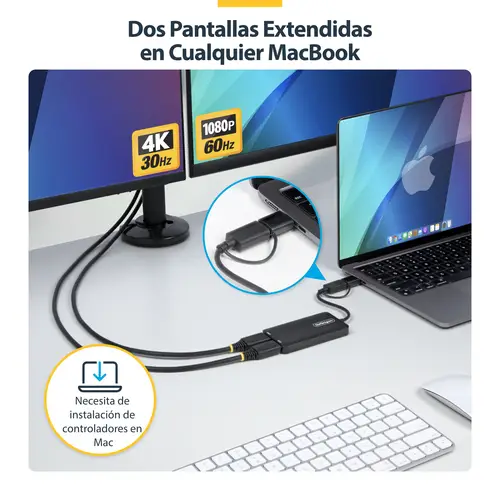 Adaptador de USB a HDMI Doble, USB A/C a 2 Pantallas HDMI (1x 4K30Hz, 1x 1080p), Dongle Integrado USB-A a C, Cable de 11cm, Adaptador USB 3.0 a HDMI, Windows y macOS - Imagen 12