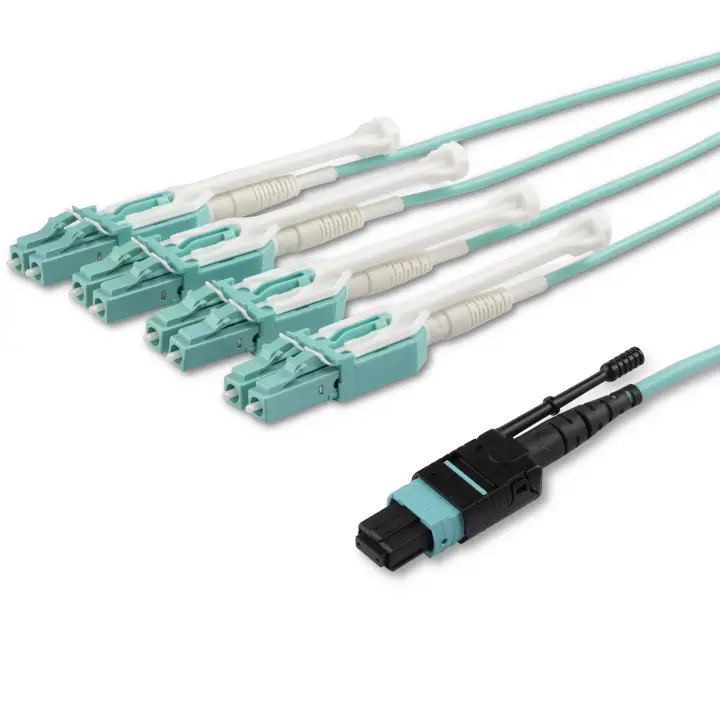 Cable de 1m de Fibra Óptica Dúplex Multimodo MTP(F)/PC a 4x LC/PC Multiconector OM3 - OFNP - Tipo A 8F - 50/125µm LOMMF - Redes de 40G - Baja Pérdida de Inserción -MPO