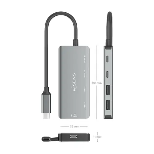 Hub USB 3.1 USB-C, USB-C/M-1xUSB-C PD 100W+1xUSB-C USB3.0/H+1xUSB-C USB2.0/H+2xUSB-A USB2.0/H, Gris, 15cm - Imagen 4