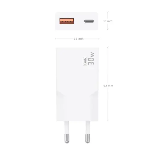 Cargador Ultra Delgado GaN 30W, 1xUSB-C PD3.0 QC4.0, 1xUSB-A QC3.0, Blanco - Imagen 4