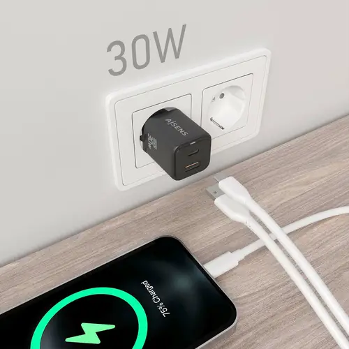 Cargador Gan 30W, 1xUSB-C PD3.0 QC4.0, 1xUSB-A QC3.0, Negro - Imagen 4