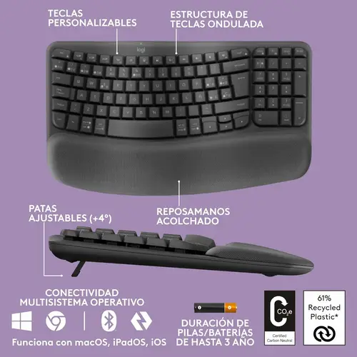 Wave Keys, teclado ergonómico inalámbrico con reposamanos acolchado, escritura cómoda y natural, Easy-Switch, Bluetooth, Logi Bolt, multisistema operativo, Windows/Mac,QWERTY Español, Grafito - Imagen 11