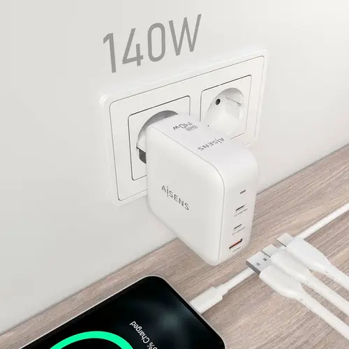 Cargador GaN 140W, 2xUSB-C PD3.1 QC4.0, 1xUSB-A QC3.0, Blanco - Imagen 4