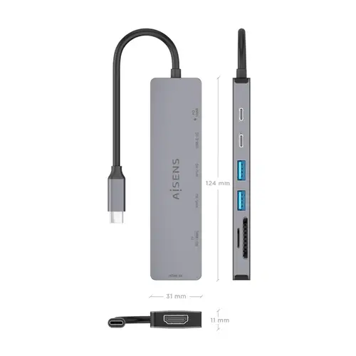 USB-C Dock 7 en 1, USB-C a 1xHDMI, 2xUSB-A, 1xUSB-C, 1xUSB-C PD 100W, 1xSD, 1xMicroSD, Gris, 15cm - Imagen 4