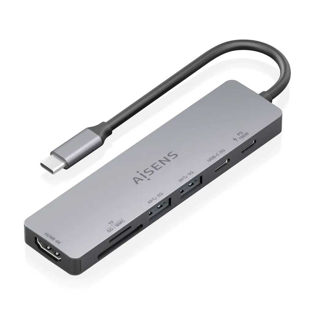 USB-C Dock 7 en 1, USB-C a 1xHDMI, 2xUSB-A, 1xUSB-C, 1xUSB-C PD 100W, 1xSD, 1xMicroSD, Gris, 15cm